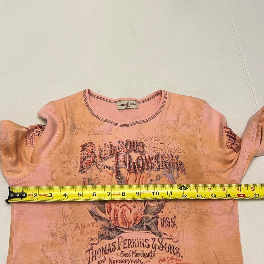 Y2K SKINNY MINNIE PINK RHINESTONE GOTH BOHO GRUNGE LONG SLEEVE TOP MEDIUM - Picture 10 of 16